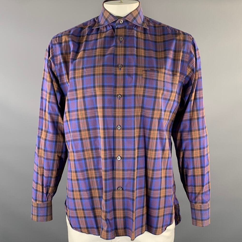 LORENZI Size XL Purple Brown Plaid Cotton Spread Collar Long Sleeve Shirt